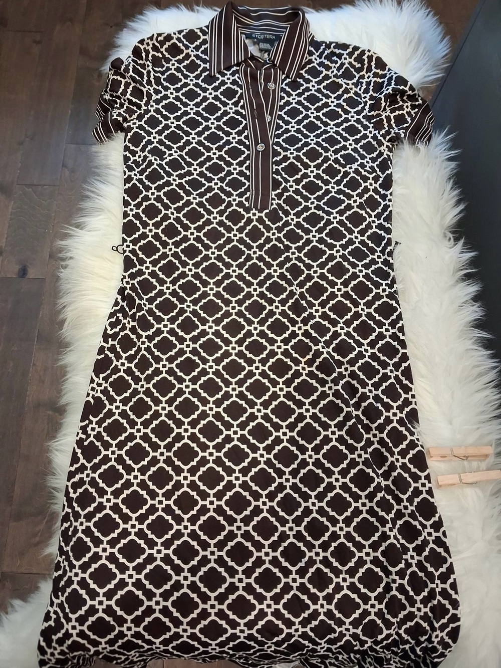 Etcetera Brown and White Geometric Stripe Polo Shirt Dress